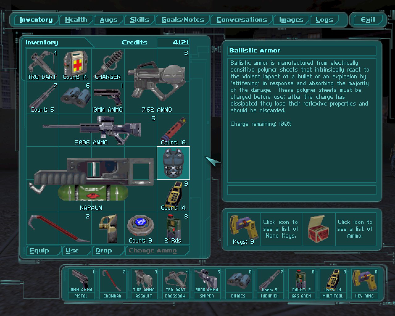 [15/05/2020] Das Inventar des ersten Deus Ex erinnert noch stark an System Shock von 1994. Im Gegensatz zu klassischen Actionspielen ist der Stauraum begrenzt. Dementsprechend müssen wir entscheiden, was wir mitnehmen oder besser liegenlassen sollten. &nbsp;