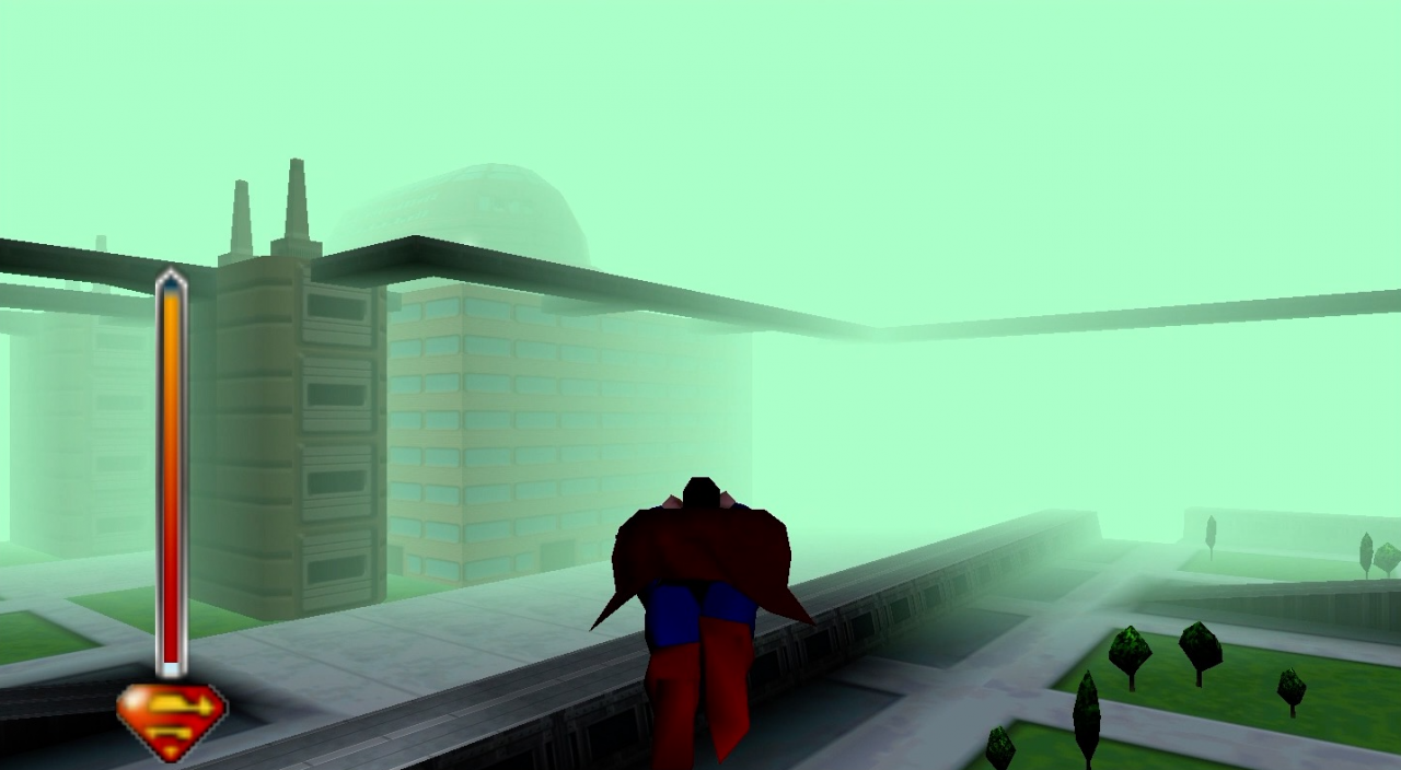 [29/06/2020] Die Welt von Superman 64 ist voll von Kryptonit-Nebel. Mit diesem Umstand wollten die Entwickler die nicht vorhandene Weitsicht wortwörtlich verschleiern.