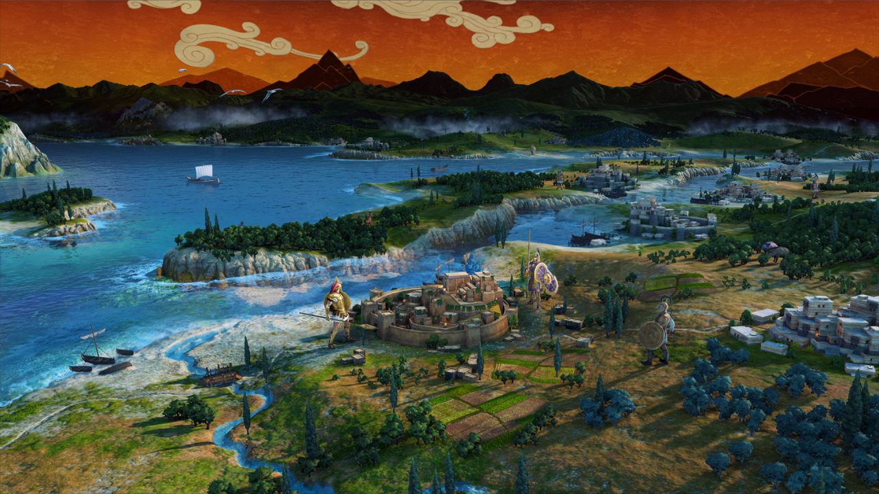 [04/06/2020] Auf diesem Bild kann schön erkennen, wie die Entwickler von A Total War Saga: Troy Mythologie und Wirklichkeit in Einklang bringen möchten: Auf der einen Seite die realistische Karte, im Hintergrund die typischen griechischen Ornamente am Horizont.