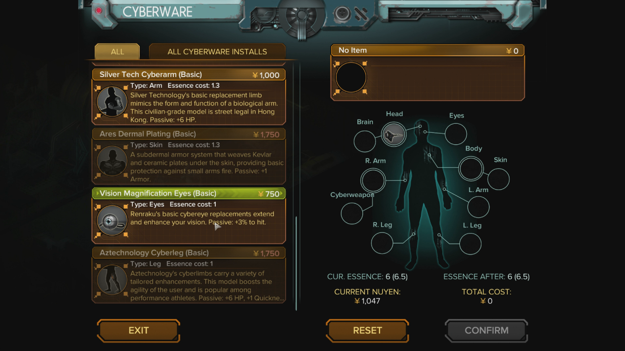 [29/07/2020] Cyberwear gehört natürlich zu einem Cyberpunk Spiel wie das MG zu einem Ego-Shooter. Pro Teil ist die Auswahl deutlich gestiegen.
