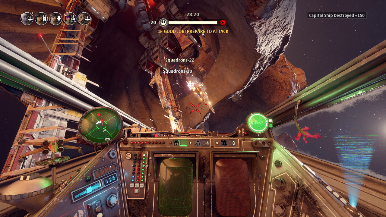 [22/07/2020] Auf der linken Seite dieses X-Wing Cockpits seht ihr die Energieverwaltung (blaue, rote und grüne LED-Leisten). Wir haben derzeit volle Power auf die Schilde gelegt.