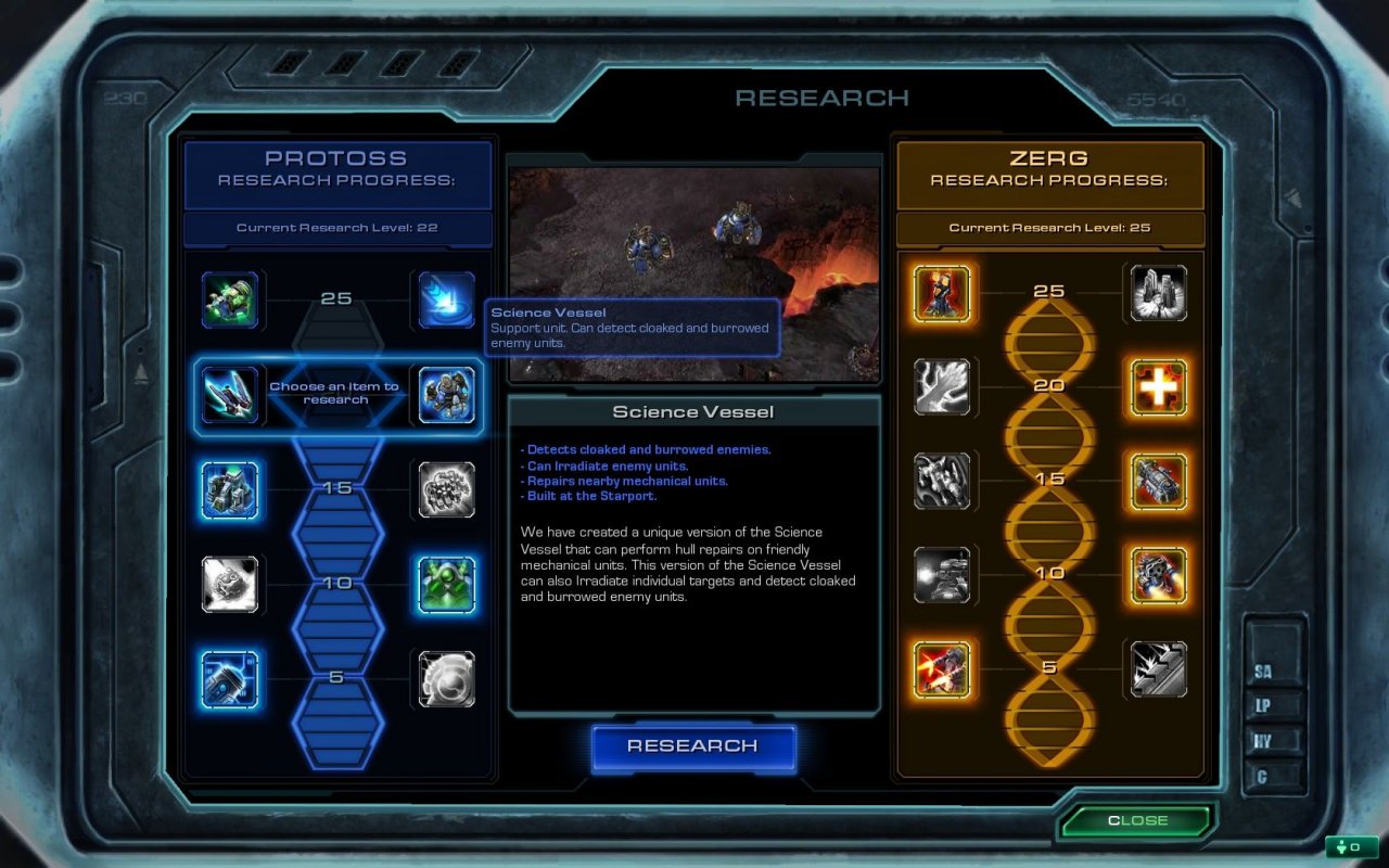 [23/07/2020] Für zusätzliche Tiefe sorgen Upgrade-Funktionen. Bereits in der Grafik erkennt ihr die unterschiedliche Ausrichtung der Fraktionen: Der Tech-Baum der Zerg hat die Form eines DNA-Strangs, der der hochentwickelten Protoss wirkt dagegen sehr technisch. &nbsp;