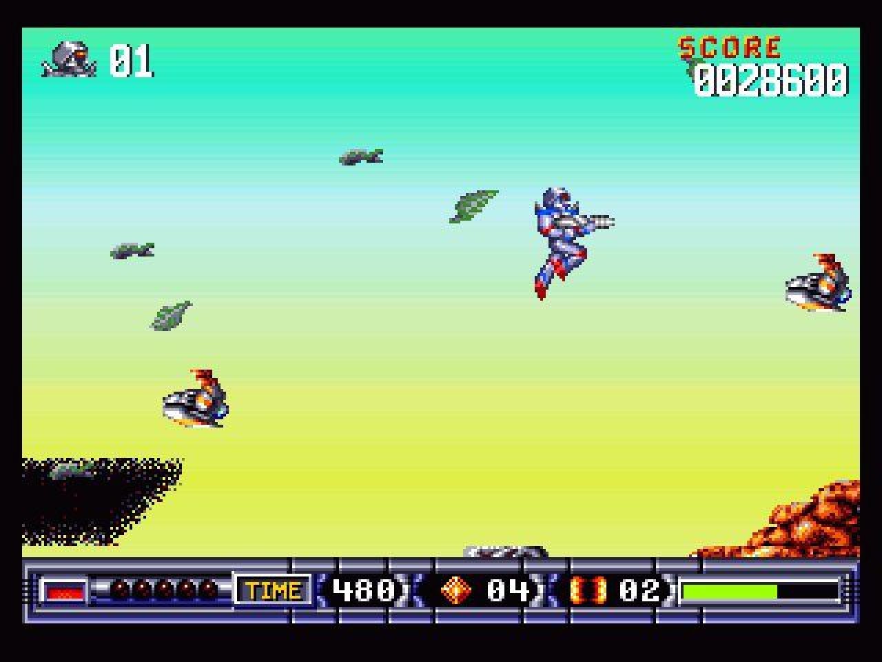 [02/07/2020] Auch Wind spielte in Turrican 2: The Final Fight gelegentlich eine Rolle. Umherfliegende Gegner und Blätter sowie ein sich bewegender Hintergrund veranschaulichen die Stärke des Windes.