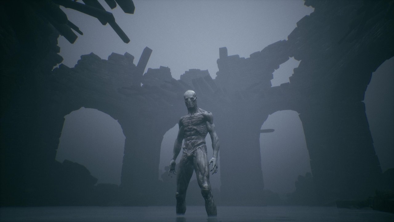 Die Spielfigur steht vor einer Ruine.