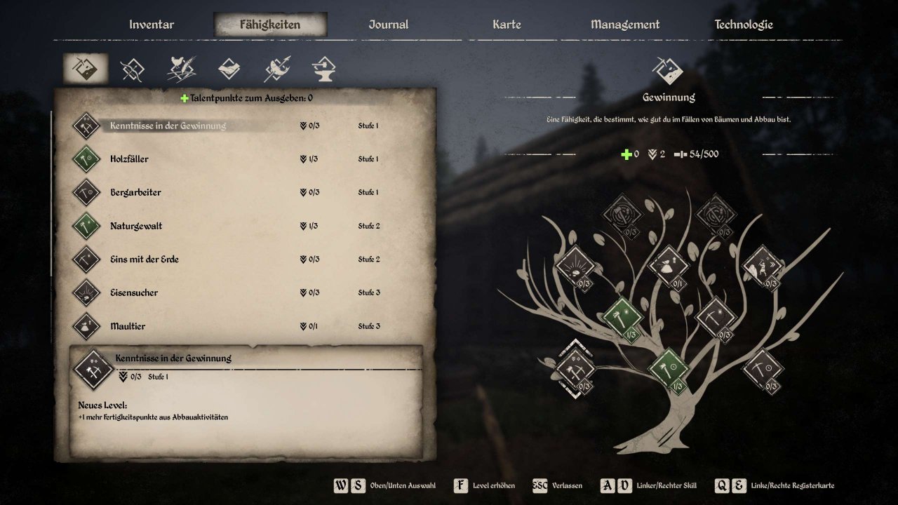 [29/09/2020] Ein zentrales Gameplay-Element sind die Fähigkeiten, die Held Racimir in Medieval Dynasty erlernen kann. Diese sind in sechs Kategorien unterteilt. Gewinnung beschäftigt sich mit dem Sammeln von Ressourcen, während Überleben, Jagd, Landwirtschaft und Crafting selbsterklärend sind. Diplomatie hilft euch beim Umgang mit den diversen Nichtspielercharakteren.