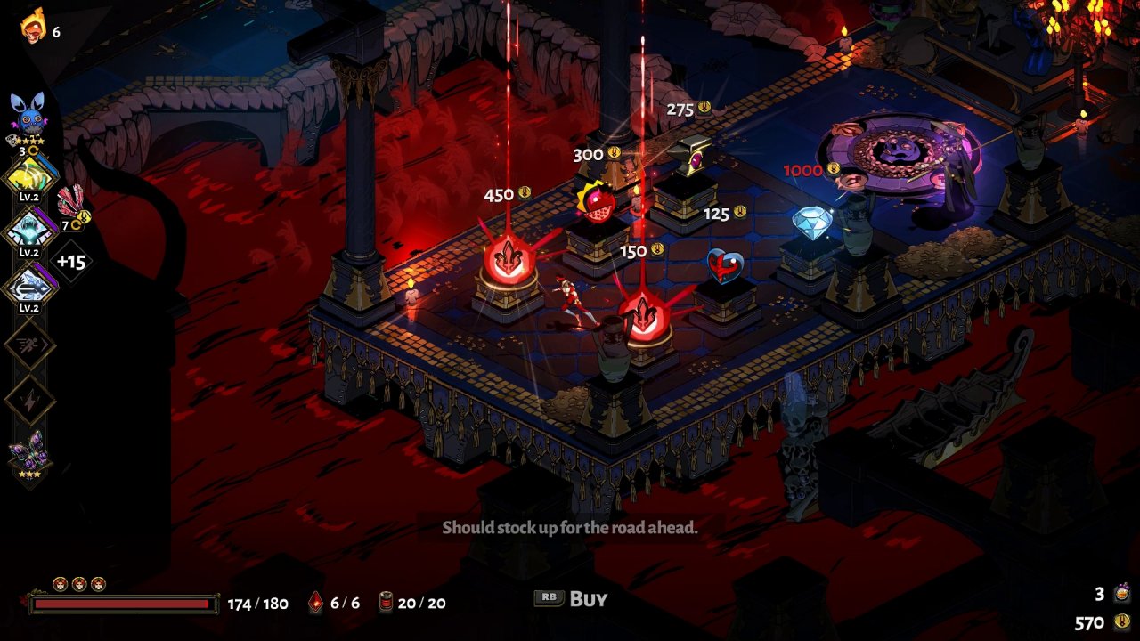 [22/09/2020] Bei Charon kann sich Zagreus mit neuen Upgrades eindecken, wenn er genug Gold gesammelt hat.