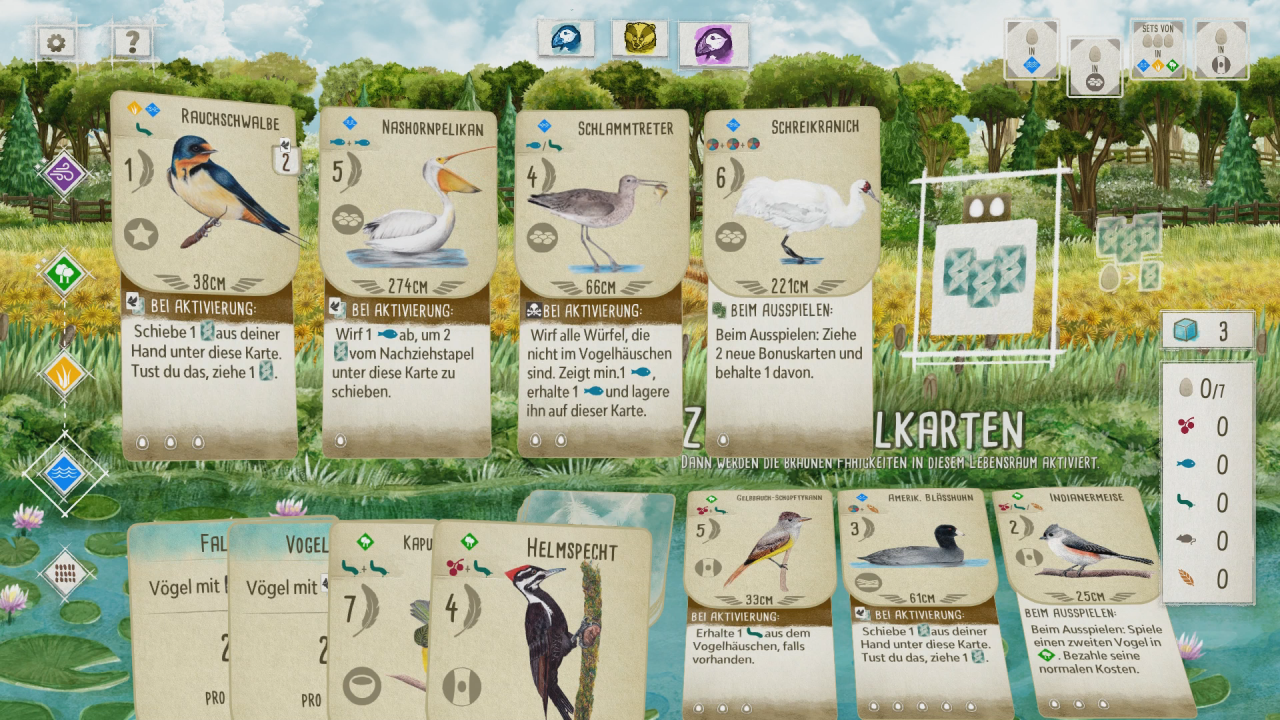 [24/09/2020] Im Wasser-Habitat können wir neue Vogelkarten ziehen oder Wasservögel ausspielen. Hier haben wir die Wahl zwischen dem Ziehen einer offenen oder einer verdeckten Karte.&nbsp;