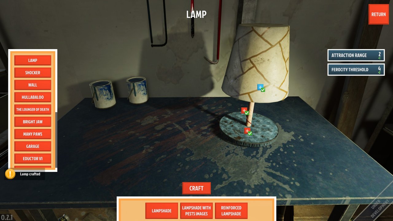 [07/10/2020] Das Crafting-System enttäuscht auf ganzer Linie. Es ist unklar, warum wir beispielsweise eine Lampe zur Schädlingsbekämpfung brauchen. Platzieren wir diese auf dem Boden, erleuchtet sie den Raum (wow, das war ja auch kaum zu erwarten).