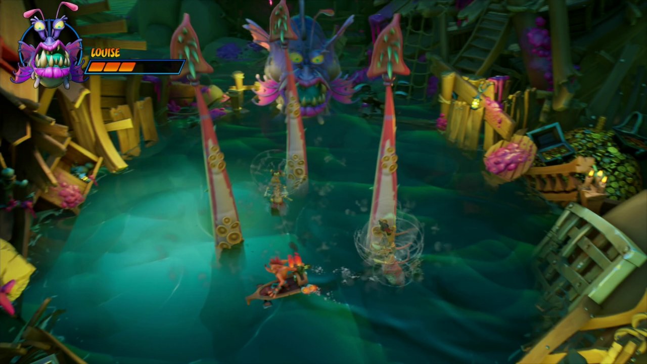 [08/10/2020] Oktopus-Prügelei. Louise, das garstige Seeungeheuer, ist einer der frühen Bossgegner im Spiel. Da Crash über keine Waffen verfügt, muss er die auf explodierenden Fässern balancierenden Ratten in Louises Tentakel locken. &nbsp;