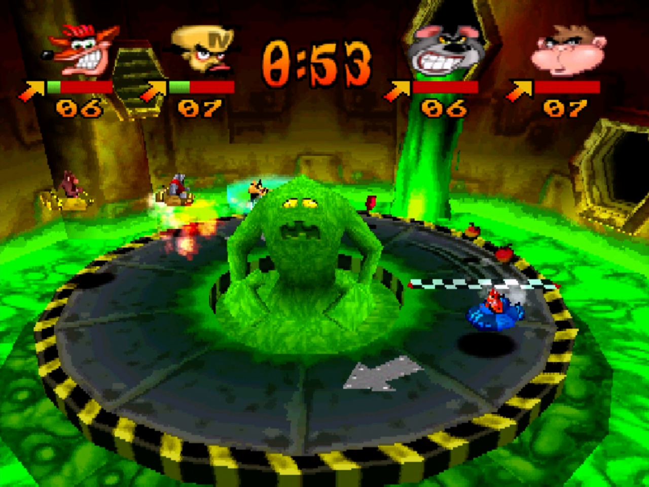 [04/12/2020] Die Stage Toxic Dash wurde ganz klar vom Level Toxic Waste aus dem originalen PS1-Abenteuer Crash Bandicoot inspiriert.