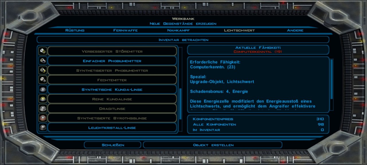 [29/01/2021] Das Crafting-System wurde in KotOR 2 erheblich aufgewertet.