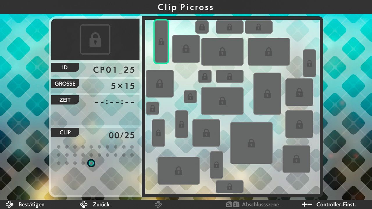 [08/01/2021] Im Standard-Modus schaltet mal spezielle Picross für den Modus Clip Picross frei, in dem viele kleine Bilder zusammen am Ende ein großes Gemälde ergeben.