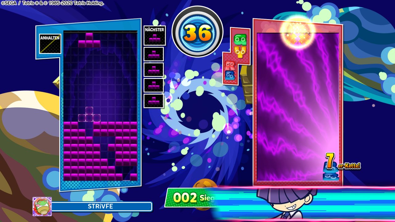 [20/01/2021] Der Urknall-Modus erfordert von Tetris-Spielern blitzschnelle Eingaben, die Puyo-Fraktion brilliert eher durch vorausschauendes Platzieren. Nach Ablauf des Countdowns werden die abgeräumten Steine gezählt und entsprechend viel Schaden ausgeteilt.