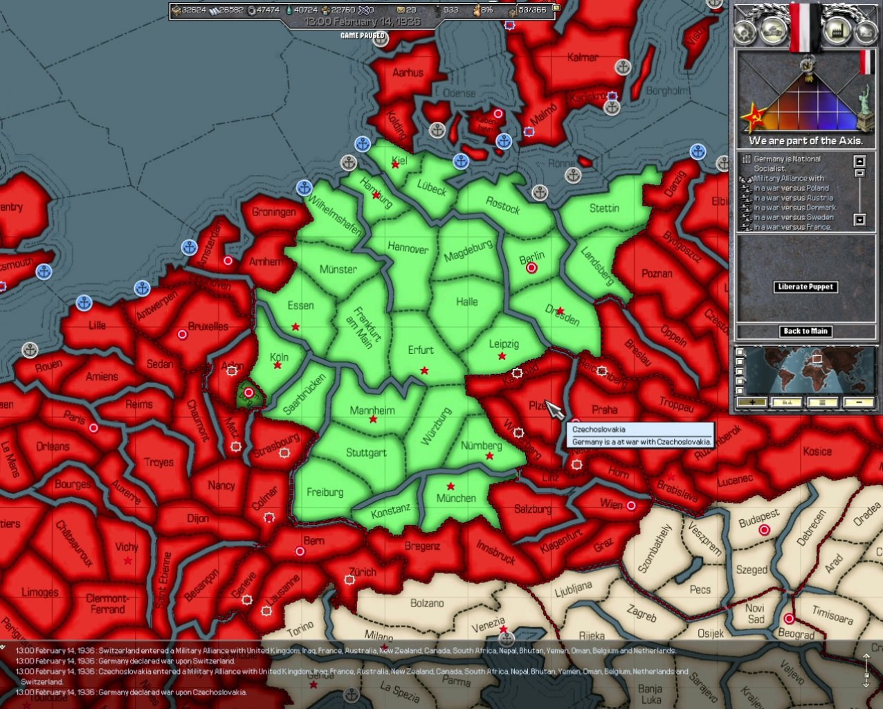 [28/04/2021] Einer gegen alle: So sieht die Übersichtskarte in Hearts of Iron aus, wenn Deutschland einen Krieg gegen sämtliche Nachbarländer anzettelt. &nbsp;