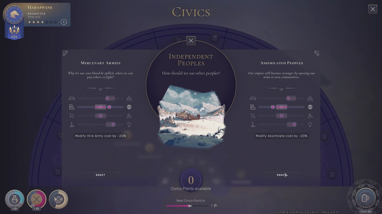 [28/05/2021] Civics sind in Humankind nicht so linear wie in Civilization und müssen im Lauf des Spiels erst entdeckt werden bevor man sie skillen kann.