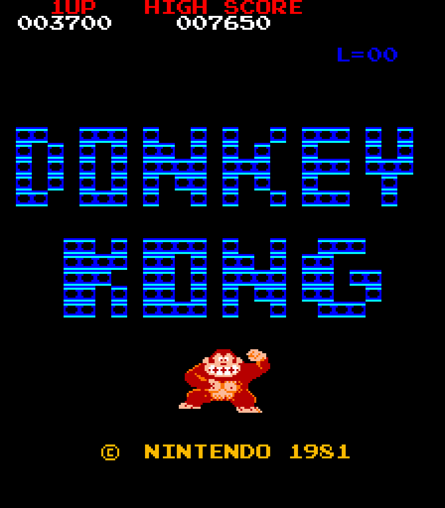 [29/07/2021] donkeykong03 Der Titelbildschirm stellt bereits zwei Dinge gut dar: Donkey Kong als übergroßen Charakter und die an Stahlträger erinnernden Bausteine, die auch in den Levels vorkommen.