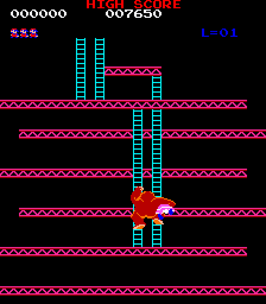 [29/07/2021] Zu Beginn des Spiels schnappt sich Donkey Kong Lady und trägt sie bis hoch nach oben auf die Spitze des Levels. Die Dame brüllt sogar „Help“ – und motiviert somit zum Spielen.