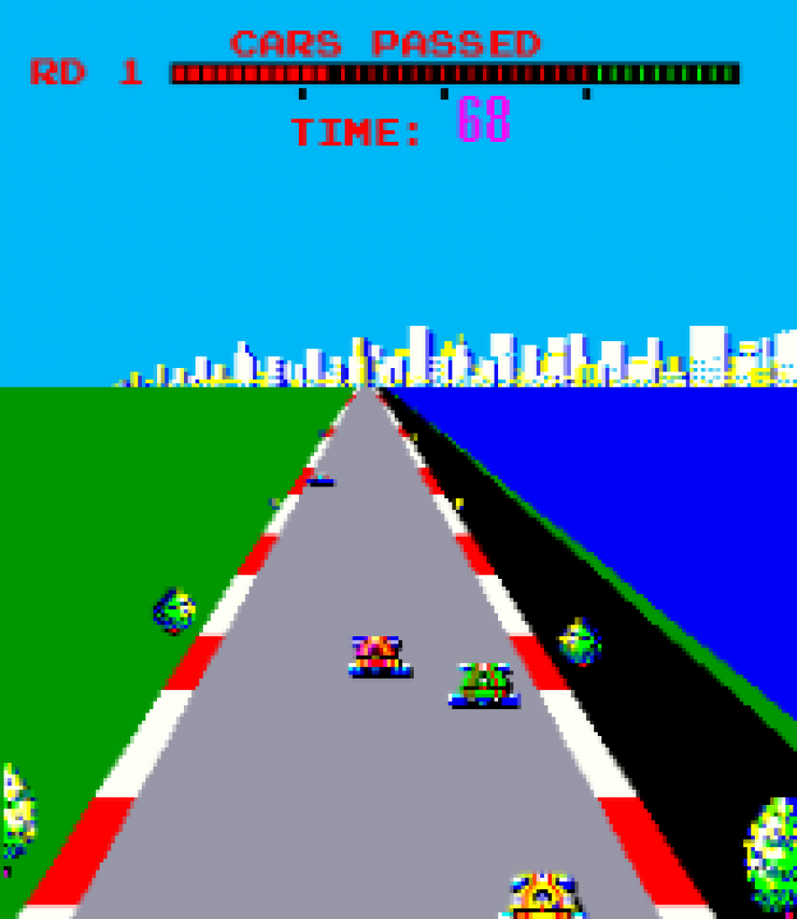 [20/08/2021] Sega Turbo (1981) macht die Third-Person-Perspektive quasi zum Standard im Genre. Zudem ist es das erste Rennspiel, das Hügel einführt und mit wechselnden Tageszeiten arbeitet. Designer Steve Hanawa stresst die Entwicklung leider so sehr, dass er nach dem Release des Spiels für einen Monat ins Krankenhaus muss. &nbsp;
