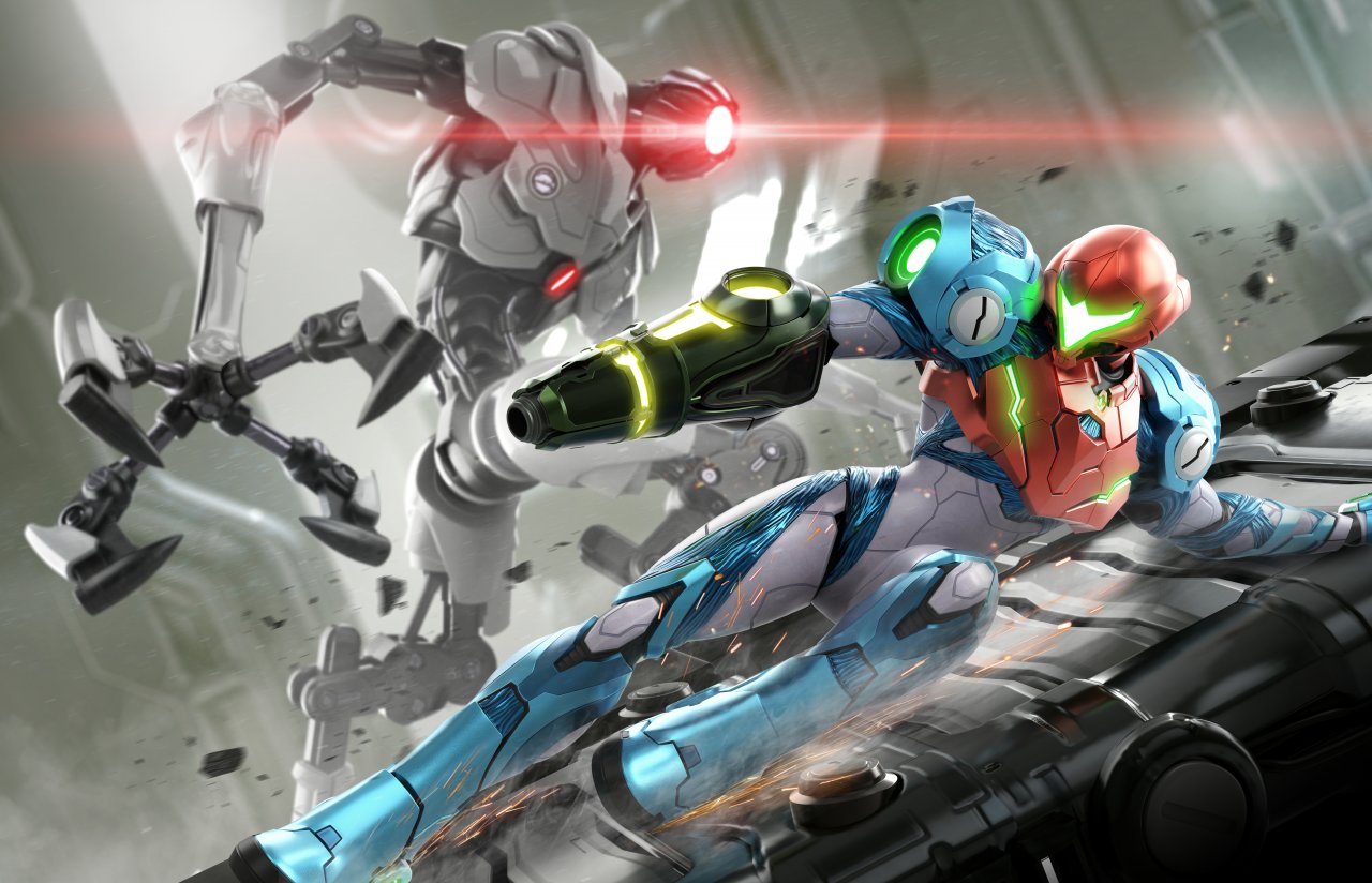 Samus Aran im Kampf gegen die Kampfroboter aus Metroid Dread.