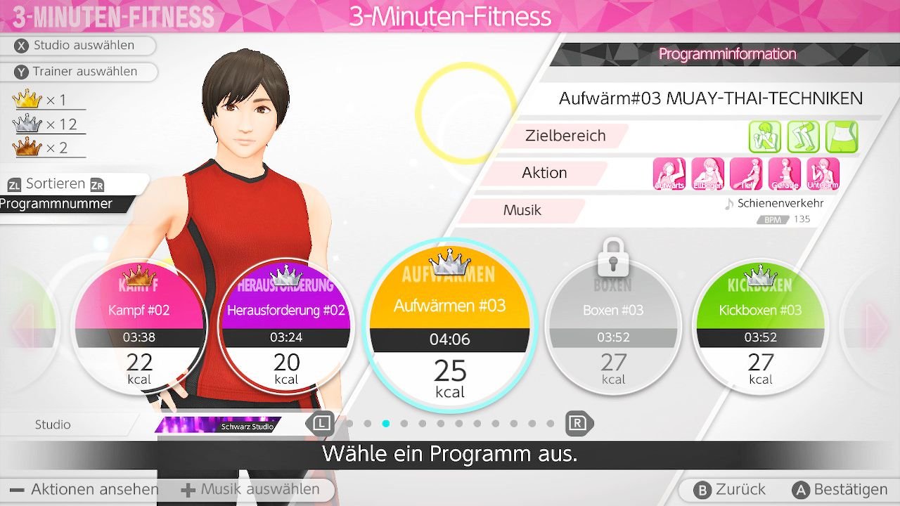 [10/11/2021] Den Löwenanteil des Spiels macht der 3-Minuten-Modus aus, in dem ihr kurze Trainings spielt. Hier seht ihr auch, welcher Körperbereich jeweils belastet wird.
