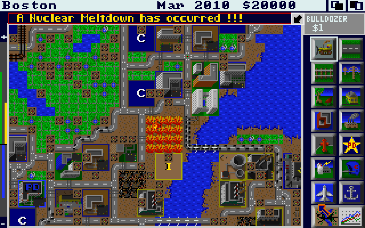 [10/12/2021] Wright ist erklärter Atomkraft-Gegner. Welche verheerenden Folge Kernenergie haben kann, thematisiert er in Sim City vorrangig durch plötzliche Reaktorunglücke, die Städte massiv beschädigen (Bild: Amiga-Version).