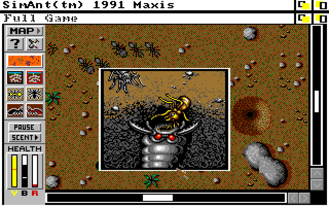 [10/12/2021] Wer schon immer mal eine Ameisenkolonie verwalten wollte, hat in SimAnt (hier in der Amiga-Fassung von 1992) Gelegenheit dazu. Als Inspiration diente Wright das zoologische Textbuch „The Ants“ von Bert Hölldobler und E.O. Wilson.