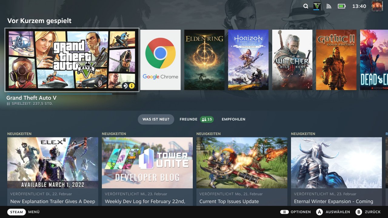 [24/02/2022] Das Steam Deck hat eine eigene dedizierte Benutzeroberfläche, die sich bequem per Touchscreen oder Controller-Eingaben bedienen lässt.
