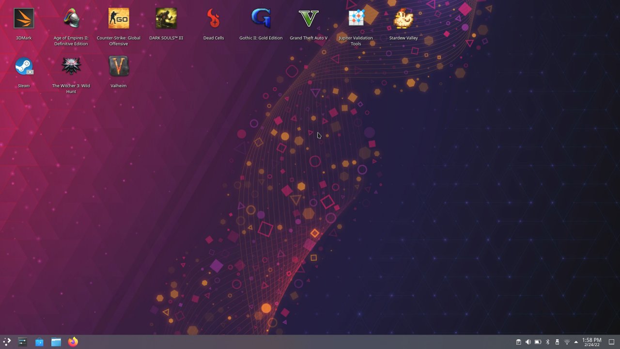 [24/02/2022] Die Desktop-Ansicht des SteamOS-Betriebssystems. Die installierten Steam-Spiele lassen sich auch von hier aus starten, aber wirklich sinnvoll als PC nutzen lässt sich das Steam Deck derzeit eher nicht.