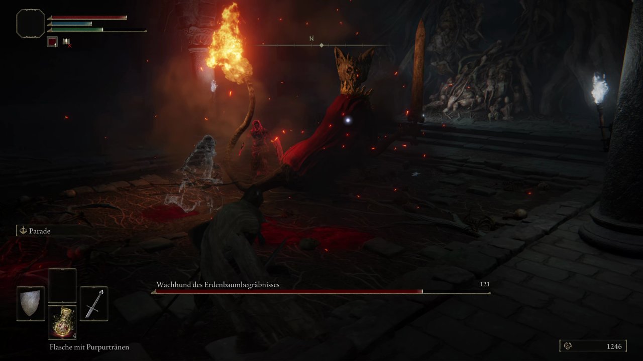 Der Spieler kämpft gegen einen Boss in den Katakomben