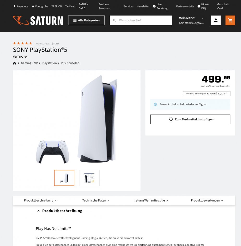 [29/03/2022] Bei Saturn kann man derzeit - immer wieder mal - die PS5 Disc Edition kaufen.