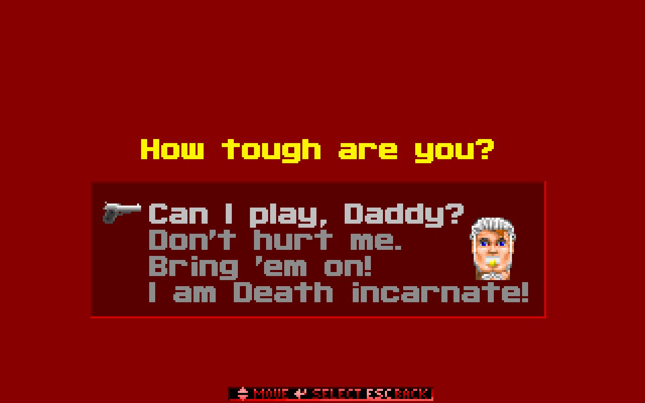 [21/04/2022] Die Wahl der Schwierigkeitsgrade untermauert Wolfenstein 3D treffend mit dem dazu passenden Konterfei von BJ Blazkowicz. Diese Darstellungsform übernahm id Software auch für Doom.