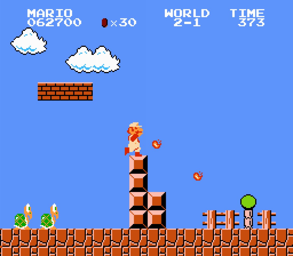 [31/05/2022] Power-ups, die neue Heldenfähigkeiten mit sich bringen, gibt es bereits seit Pac-Man aus dem Jahr 1980. Weltweit Kultstatus erreichen sie jedoch erst mit Super Mario Bros., das unter anderem den Superpilz, den Feuerball (im Bild) und den Superstern einführt.