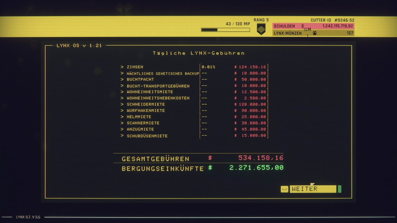 [25/05/2022] Die LYNX Corporation stellt euch wirklich alles in Rechnung. Da ist es schwer, überhaupt Gewinn zu machen.
