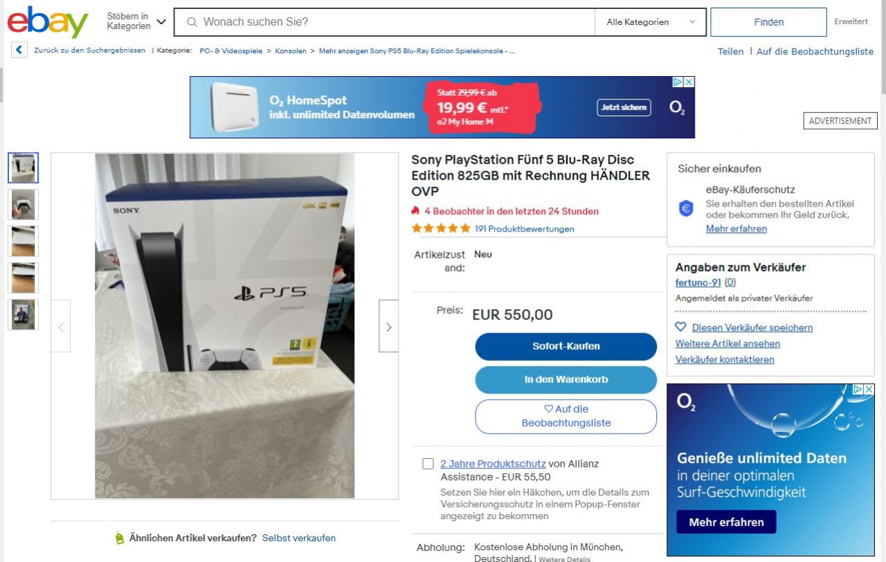 [02/05/2022] Bei ebay gehen die Preise für eine brandneue PS5 Disc Edition im Sofortkauf bei 550 Euro los.