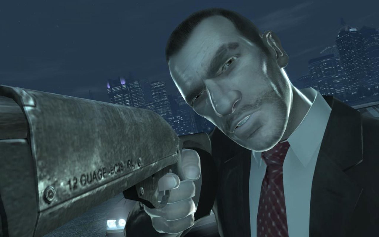 Nico Bellic aus GTA 4 zielt mit einer Pistole.