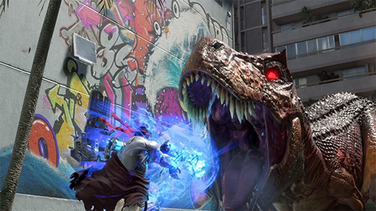 Ein Ryu-Exosuit kämpft gegen einen T-Rex.
