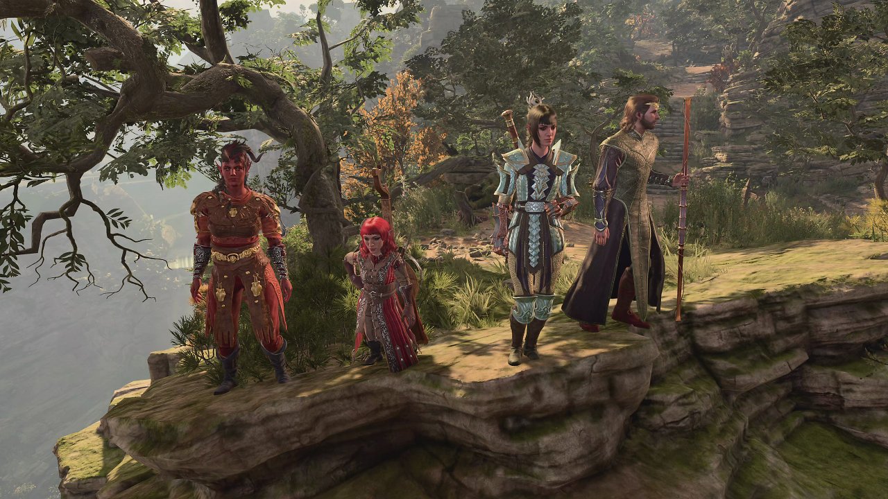 Die Partygruppe steht an eine Klippe und schaut in die Landschaft.