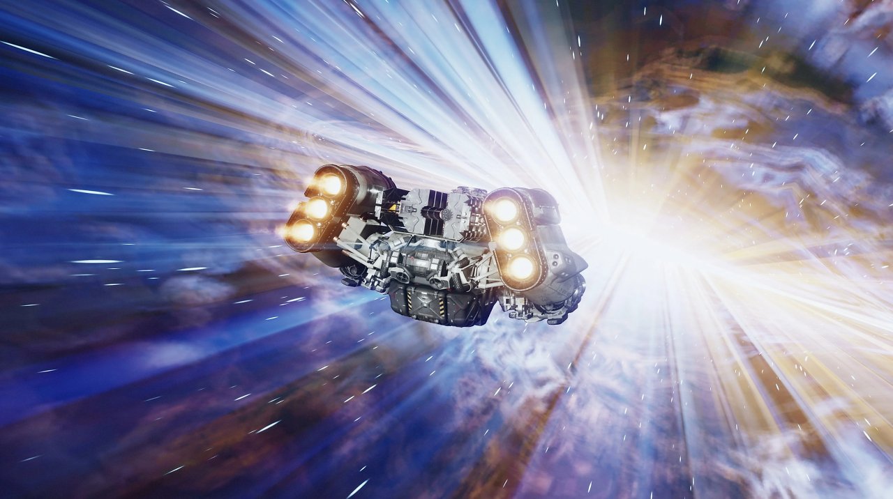Das Raumschiff fliegt in Lichtgeschwindigkeit durch das Universum