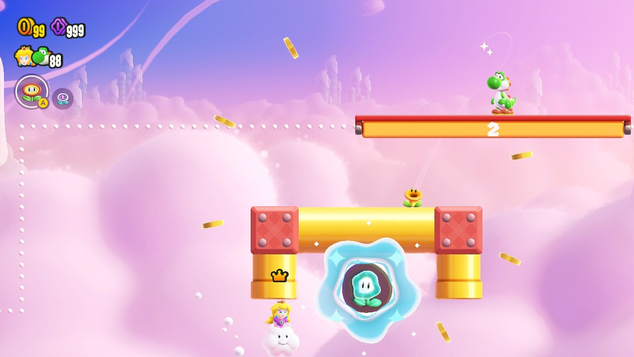 die Wunderblume mit der Wolke von Brillen-Koopa einsammeln