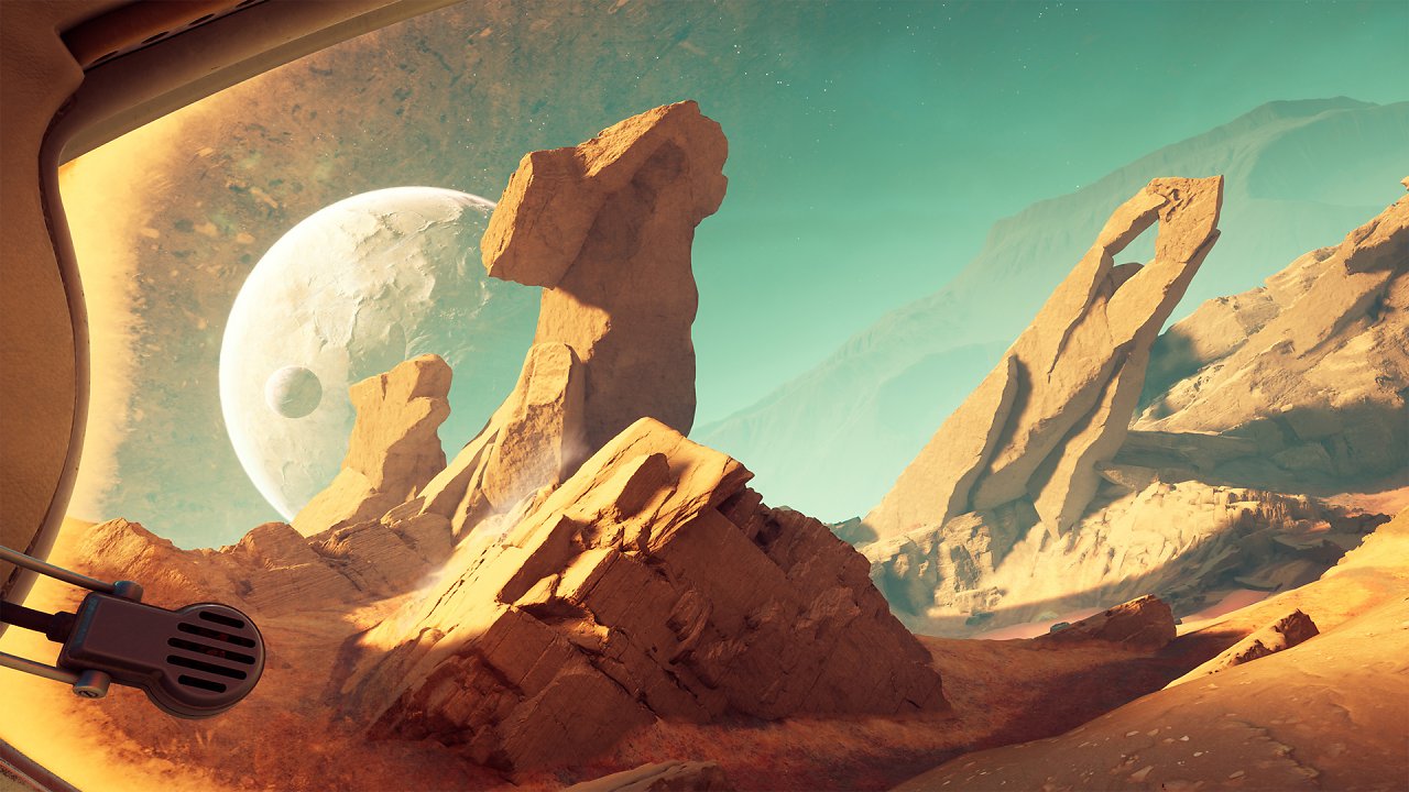 Die Protagonistin starrt auf eine Art Canyon, der Mond im Hintergrund.
