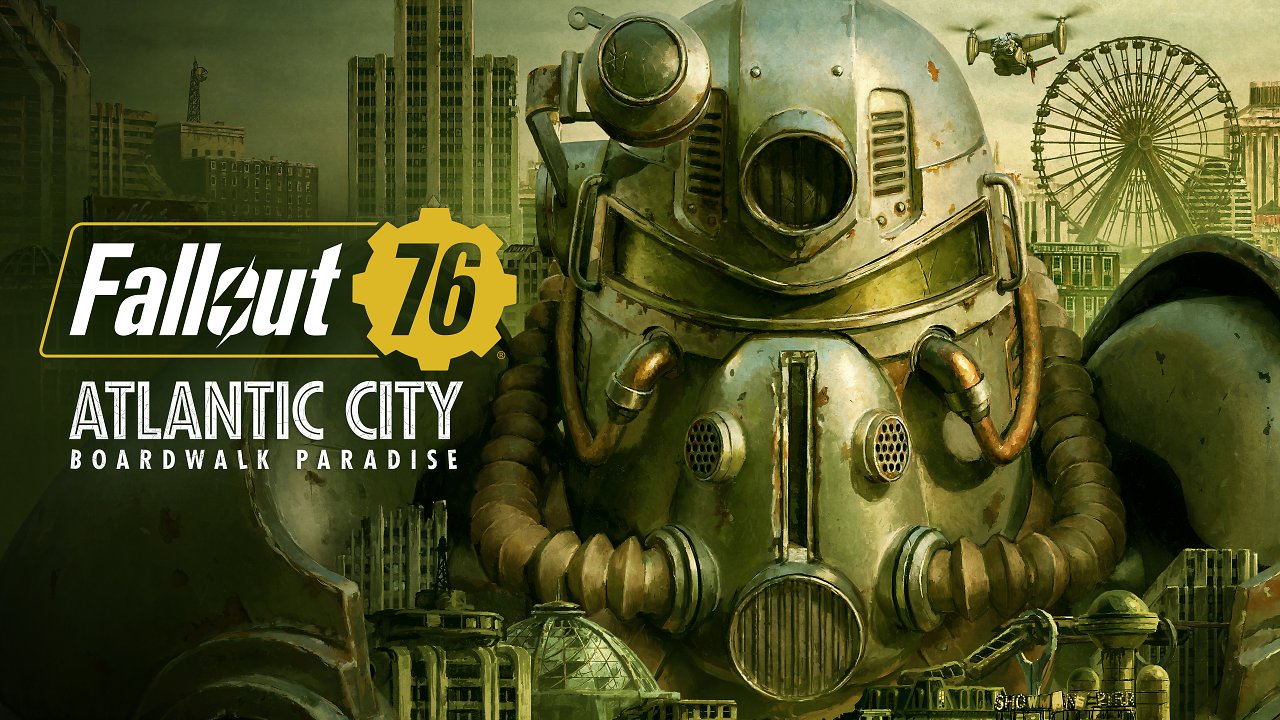 Der Helm einer Powerrüstung blickt in die Kamera. Daneben steht "Fallout 76 Atlantic City Boardwalk Empire".