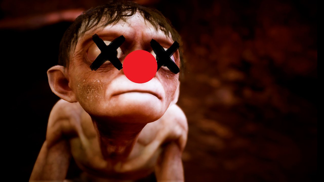 Gollum mit Kreuzen über den Augen und Clownsnase.