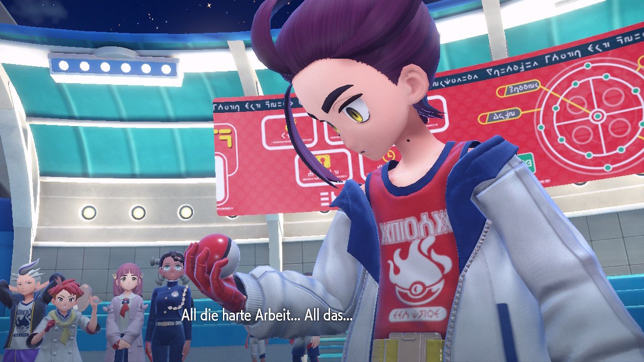 Jo betrachtet einen Pokéball und führt ein Gespräch.