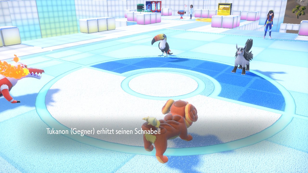 Es stehen sich vier Pokémon in einem Doppelkampf zwischen der Hauptfigur und Hana gegenüber.