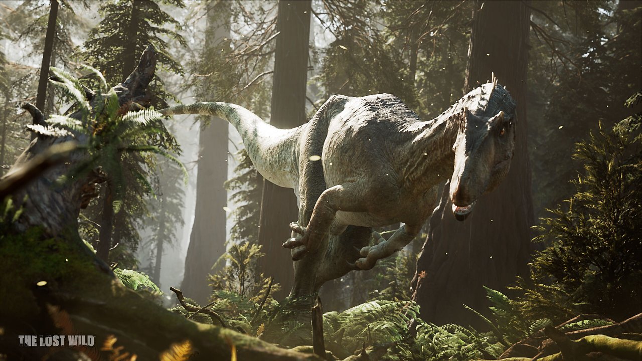 Ein Dinosaurier läuft in Richtung Kamera
