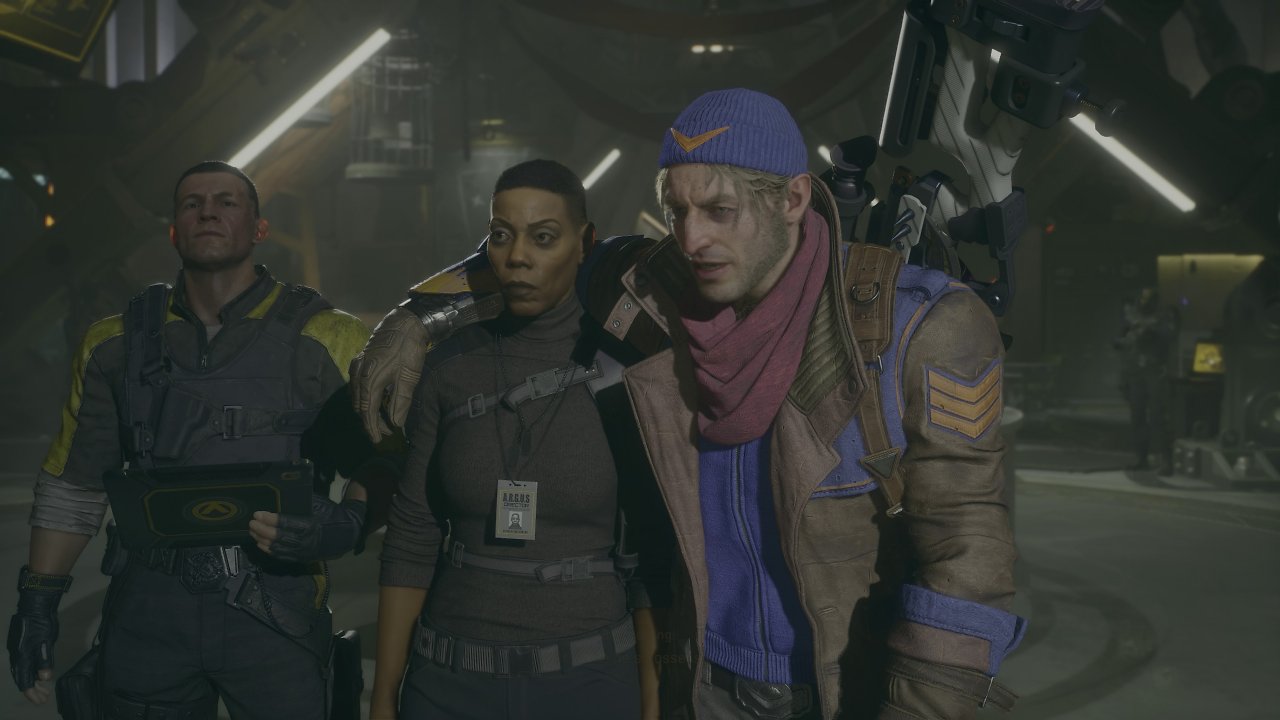 Captain Boomerang legt seinen Arm um Amanda Waller, während beide auf den Rest der Gruppe außerhalb des Bildes schauen.