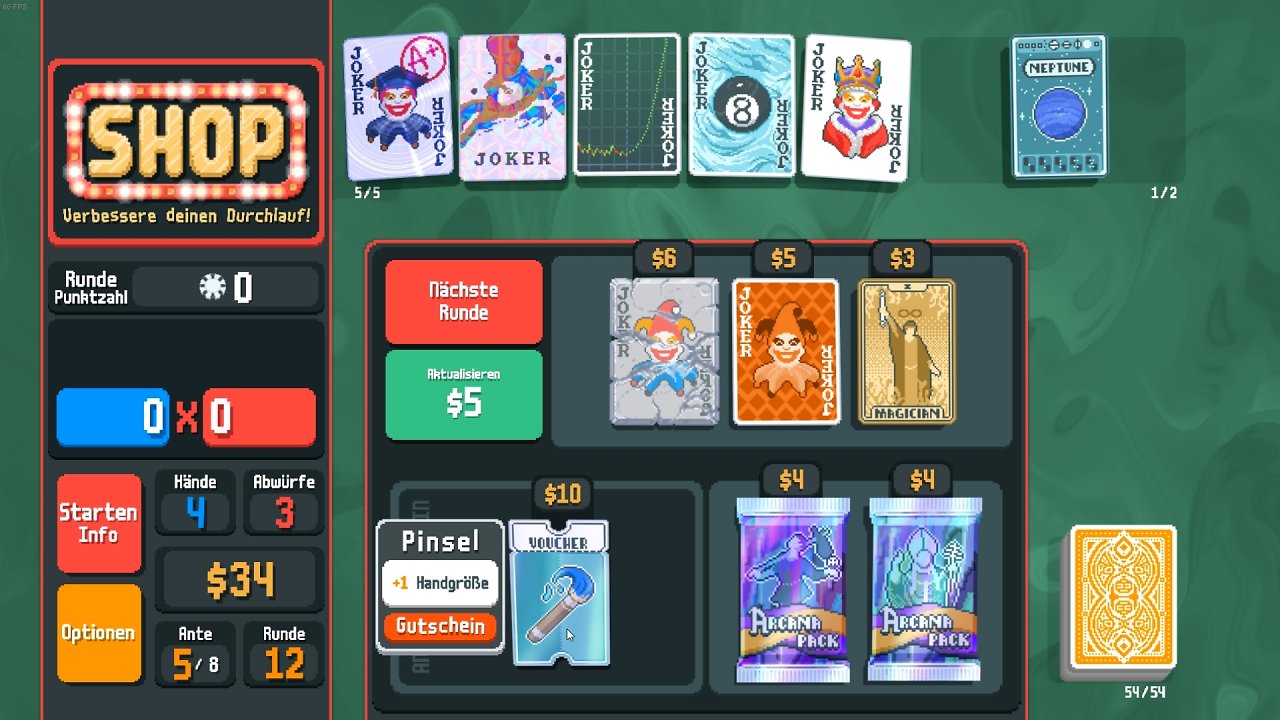 [23/02/2024] Nach jeder Runde landet ihr im Shop, wo ihr euer knappes Geld für Upgrades, Joker und Booster ausgebt.