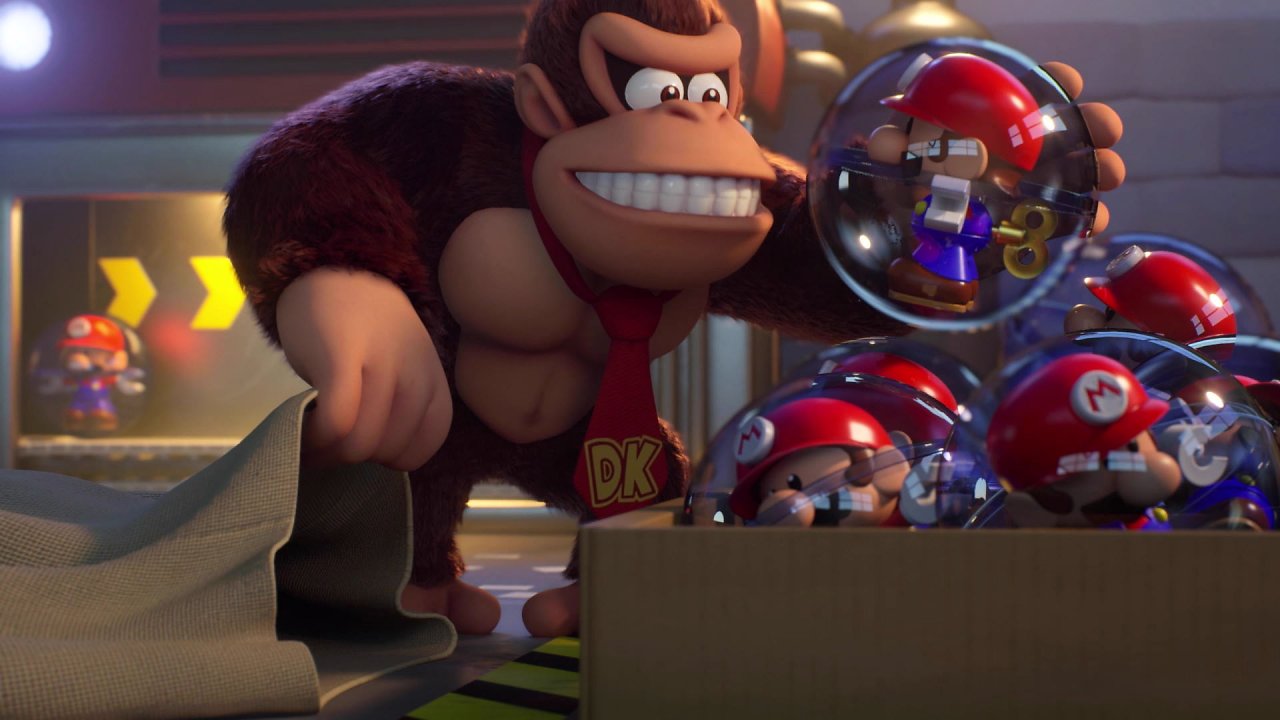 Donkey Kong stiehlt alle Mini-Marios aus der Spielzeugfabrik.
