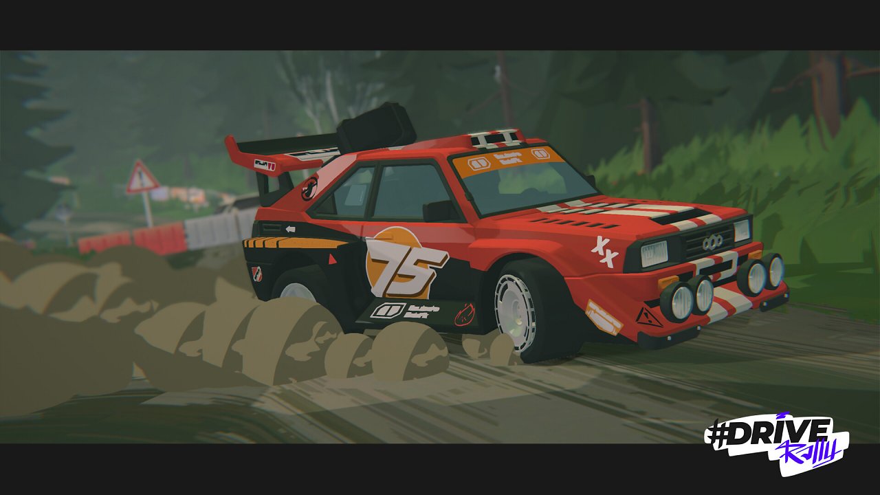 Ein rotes Rallye-Fahrzeug driftet über eine staubige Piste