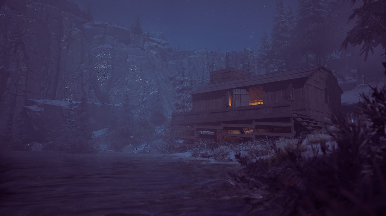 Eine Holzhütte in einer Schneelandschaft